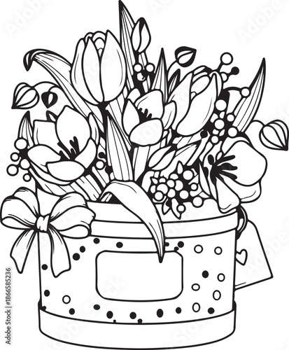 A charming outline drawing depicts a hatbox filled with tulips, berries, and spring flowers