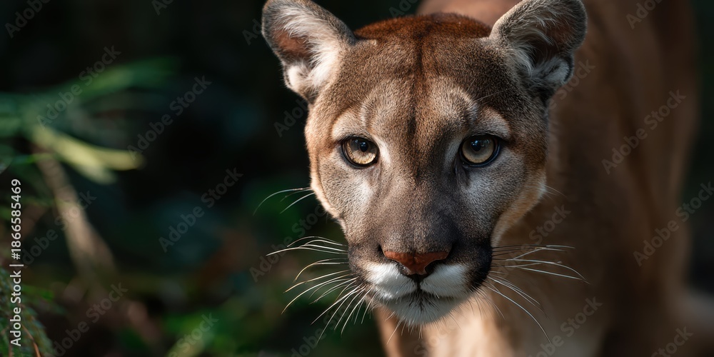 Obraz premium wildlife photography, a close-up of a florida panther in the underbrush, with intense focus on its amber eyes and whiskers, against a blurred cypress swamp background
