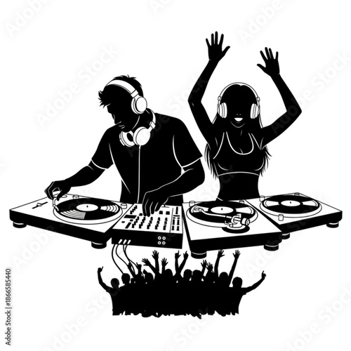 People wearing headphones at DJ station Isolated On Transparent Background.