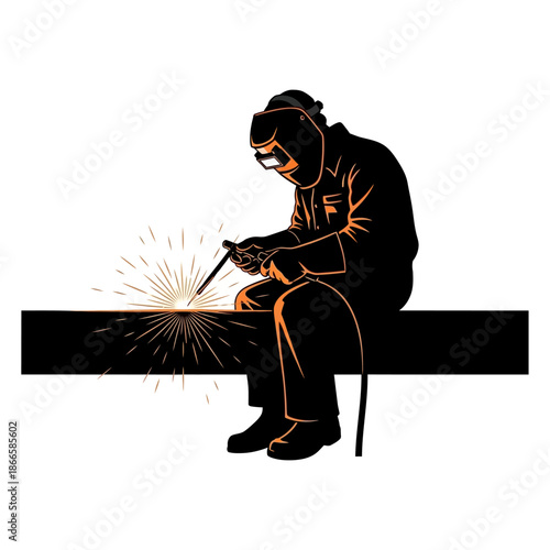 A silhouette illustration of a welder working on a metal beam, generating bright sparks during the welding process.