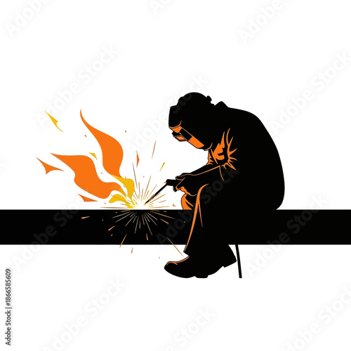 Silhouette of a welder working on a metal beam, producing bright sparks and orange flames against a stark white background.