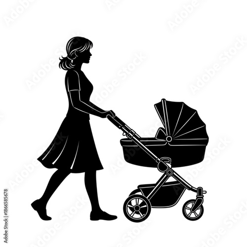 Woman pushing baby stroller outside walking Isolated On Transparent Background.