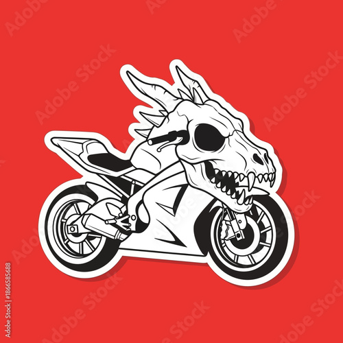 Monochrome sticker illustration of a motorcycle with a dragon skull front, on a red background, combining fantasy and vehicle elements in a unique design.