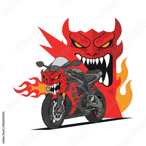 Fierce red dragon motorcycle with flames and devilish face.