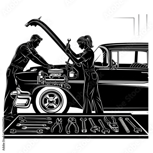 Mechanic and woman with car tools Isolated On Transparent Background.