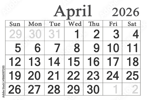 calendar for April 2026 in English. Monthly Organizer. 2026 Monthly Planner