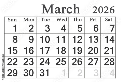 calendar for March 2026 in English. Monthly Organizer. 2026 Monthly Planner