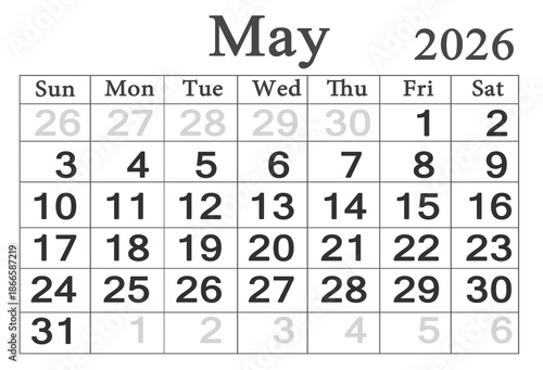 calendar for May 2026 in English. Monthly Organizer. 2026 Monthly Planner
