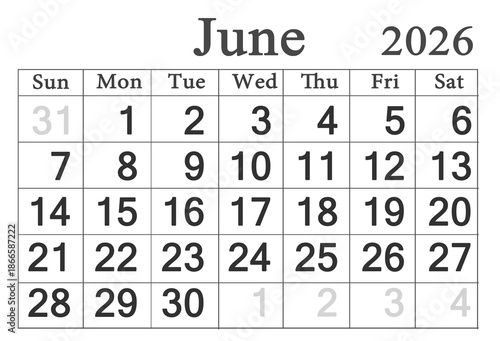 calendar for June 2026 in English. Monthly Organizer. 2026 Monthly Planner