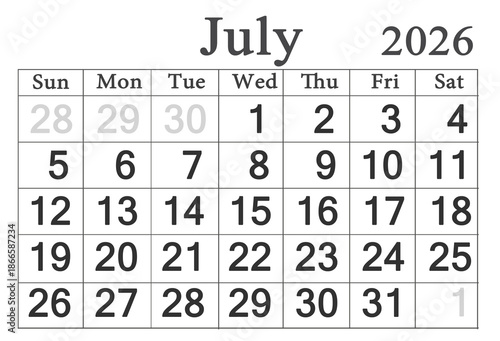 calendar for July 2026 in English. Monthly Organizer. 2026 Monthly Planner