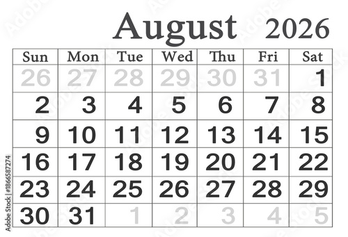 calendar for August 2026 in English. Monthly Organizer. 2026 Monthly Planner