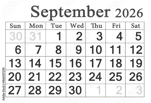 calendar for September 2026 in English. Monthly Organizer. 2026 Monthly Planner