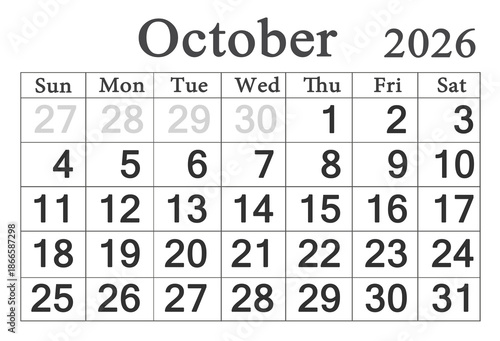 calendar for October 2026 in English. Monthly Organizer. 2026 Monthly Planner