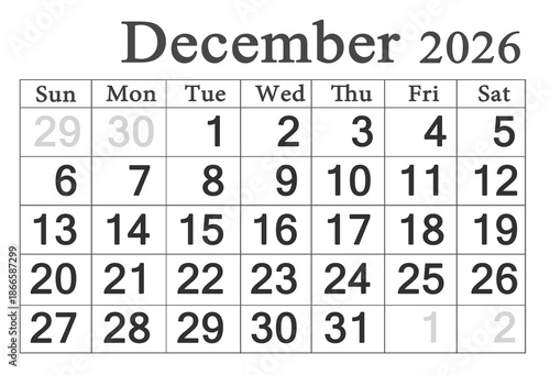 calendar for December 2026 in English. Monthly Organizer. 2026 Monthly Planner