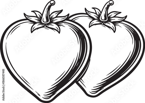 Heart shaped tomato pair linocut etching black and white illustration for food branding