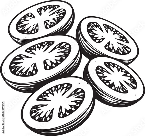 Tomato slices linocut etching black and white cross section illustration for food branding