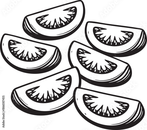 Tomato wedges linocut etching black and white food illustration for packaging design
