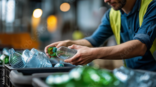 Faceless plastic bottles containers sorted recycling bins workers plant waste processing facility promoting sustainability environmental responsibility recycling operation