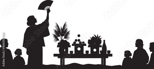 Traditional japanese ceremony with figures and offerings a striking silhouette