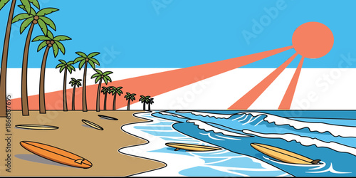 A vibrant cartoon illustration of a tropical island paradise featuring a sun-drenched beach with palm trees, turquoise ocean waves, and white sand under a clear summer sky for a holiday vacation