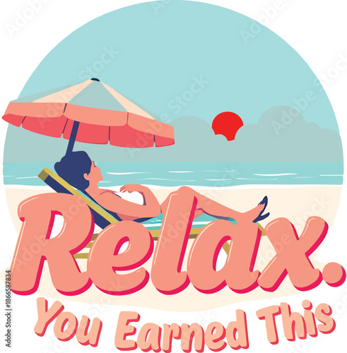 Vector illustration of a girl relaxing under a summer holiday umbrella on a tropical beach with a hot sun, blue sea waves, and sand