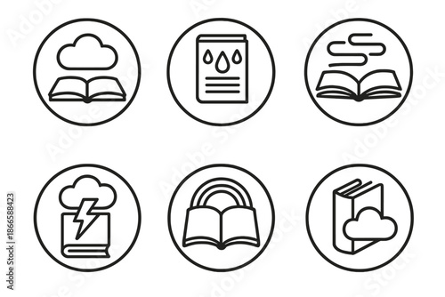Atmospheric Book Elements. Line style circular vector icons of atmospheric reading: floating book cloud, raindrop sentences, misty