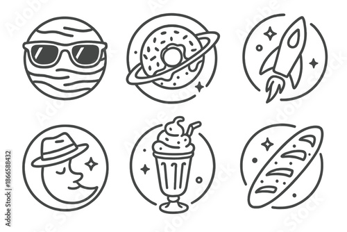 Fashionable Cosmic Icons. Line style circular vector icons of fashionable cosmos: Jupiter with sunglasses, ringed donut planet,