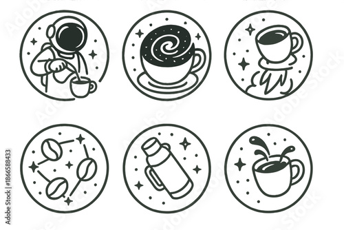 Interstellar Barista Icons. Line style circular vector icons of interstellar barista: astronaut pouring coffee, milk galaxy spiral
