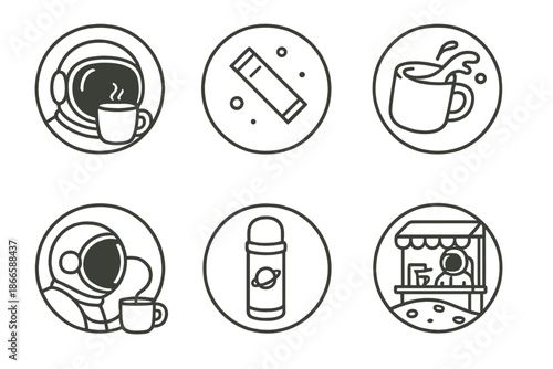 Astronaut Coffee Break Icons. Line style circular vector icons of astronaut coffee break: helmet mug reflection, floating sugar