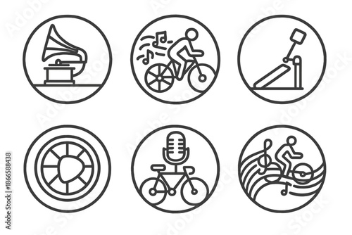 Pedal Symphony Icons. Line style circular vector icons of pedal symphony: gramophone-wheel bike, flowing melody behind cyclist,