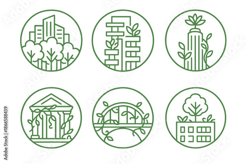 Eco-Friendly City Icons. Line style circular vector icons of green metropolis: skyscraper forest fusion, plant balcony structures,