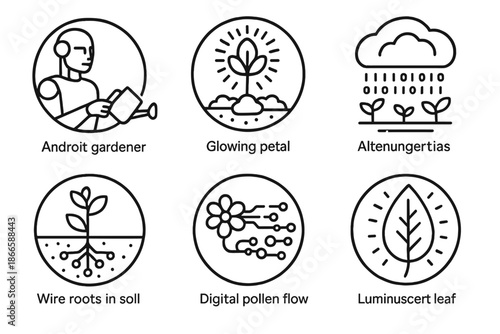 Robotic Garden Harmony. Line style circular vector icons of robotic harmony: android gardener, glowing petal beam, data rain