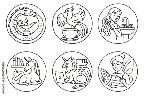 Mythical Home Icons. Line style circular vector icons of domestic mythology: dragon curled around a lamp, phoenix perched on