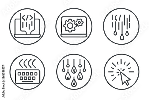 Coding Flow Icons. Line style circular vector icons of coding flow: laptop with liquid code stream, gears spinning inside screen,