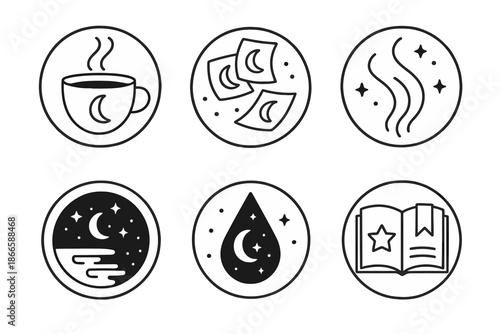 Nocturnal Study Icons. Line style circular vector icons of nocturnal study: moon cup with coffee, floating pages as moons, glowing