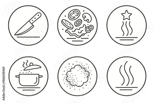 Levitating Culinary Art. Line style circular vector icons of gourmet artistry: levitating knife, sliced ingredients in motion,