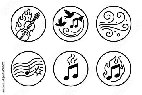 Fiery Musical Icons. Line style circular vector icons of passionate sound: violin emitting fire waves, note birds circling,