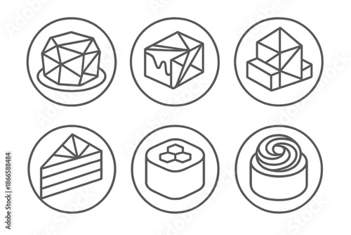 Geometric Dessert Icons. Line style circular vector icons of artistic dessert design: sculpted polygon cake, prism glaze surface,