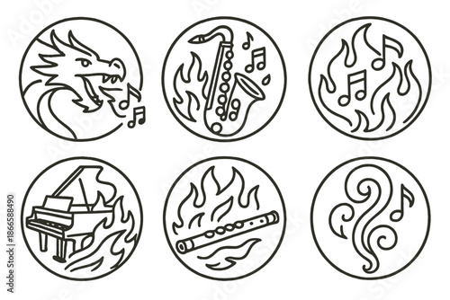 Harmonic Blaze Icons. Line style circular vector icons of harmonic blaze: dragon breathing music symbols, fiery saxophone scales,