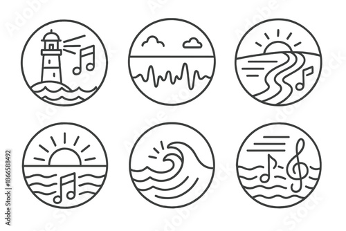 Harmonic Navigation Icons. Line style circular vector icons of harmonic navigation: lighthouse projecting music rays, soundwave