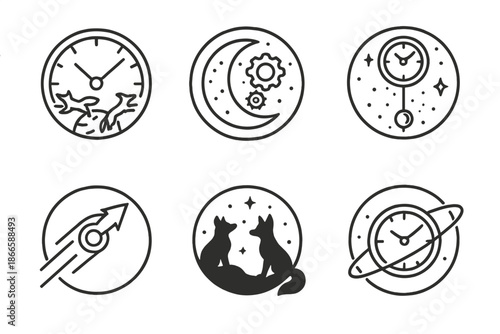 Cosmic Timekeeper Icon. Line style circular vector icons of cosmic timekeepers: ticking clock orbiting tiny planet with foxes,