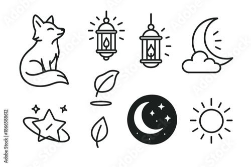 Celestial Fox Icon Design. Line style icons of Celestial Fox: fox, glowing lanterns, crescent moon, floating cloud, orbiting star,