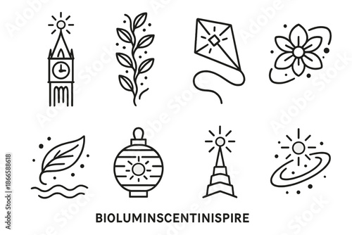 Bioluminescent Spire Icons. Line style icons of Bioluminescent Spire: clocktower, floating vine, glowing kite, orbiting blossom,