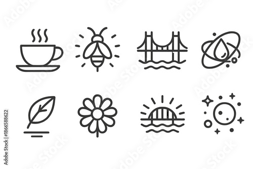 Swarming Bridge Icons. Line style icons of Swarming Bridges: teacup, glowing lightning bug, floating bridge, orbiting droplet,
