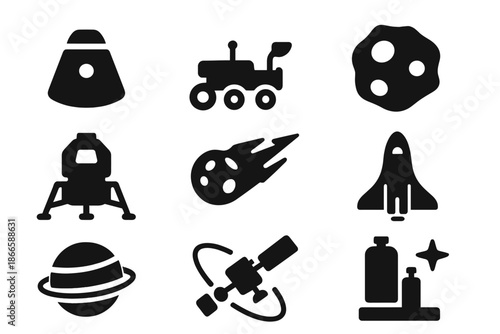 Space Exploration Icons. Solid style icons of space exploration in : rocket capsule, rover asteroid, lunar module comet, space
