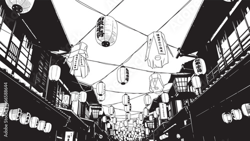 Narrow street scene with hanging lanterns a bold black and white silhouette