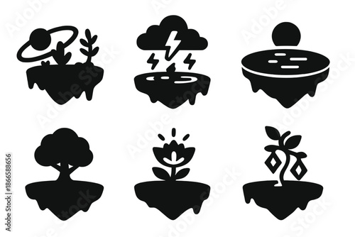 Floating Ecosystem Icons. Solid style icons of floating ecosystems in : orbital garden, electric cloud, reflective pool,