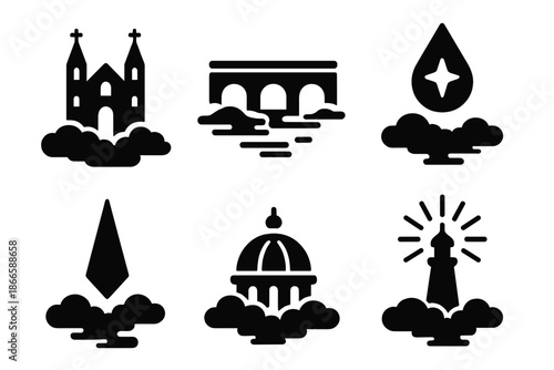 Floating Architectural Icons. Solid style icons of levitating architecture in : floating cathedral, mist bridge, star droplet,