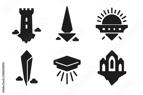 Levitating Architectural Icons. Solid style icons of levitating architectural elements in : floating tower, hovering spire, prism