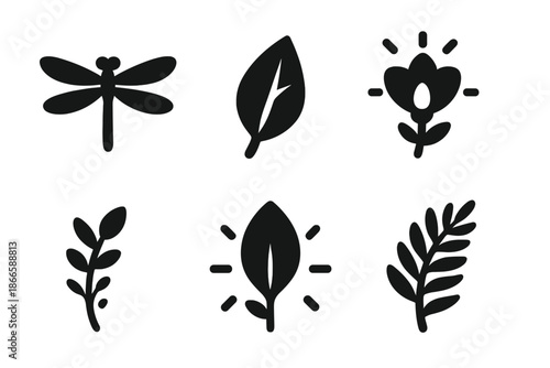 Delicate Nature Icons. Solid style icons of delicate natural elements in : dragonfly, prism leaf, glowing flower, radiant petal,